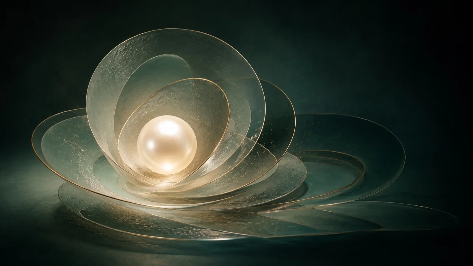 Een parel die oplicht tussen glazen schalen, beeld voor het innerlijke werk van de zesdaagse